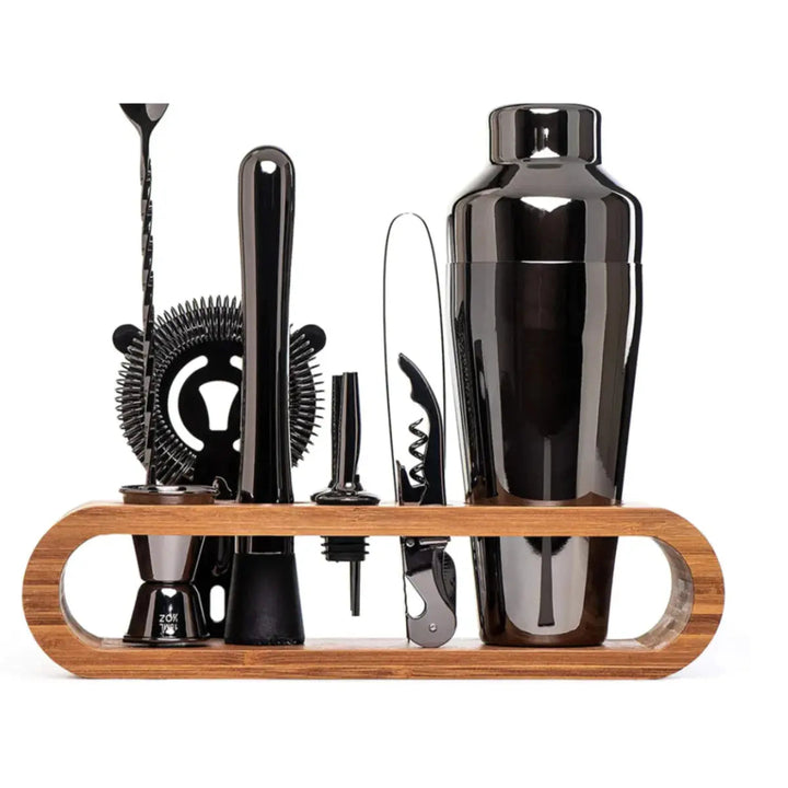10-Piece Drinkware Set with Bamboo Stand and Bar Accessories