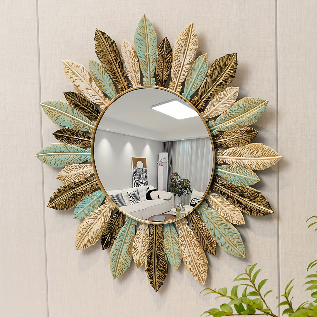 Bohemian Sunburst Metal Wall Mirror with Teal and Gold Leaf Design