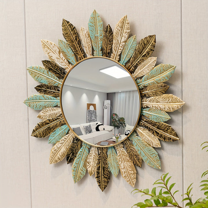 Bohemian Sunburst Metal Wall Mirror with Teal and Gold Leaf Design