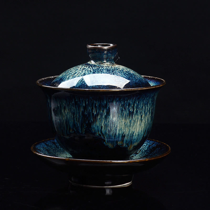 Vintage Kiln Ceramic Gaiwan Sancai Tea Cup and Saucer Set with Lid-Orizon Depot