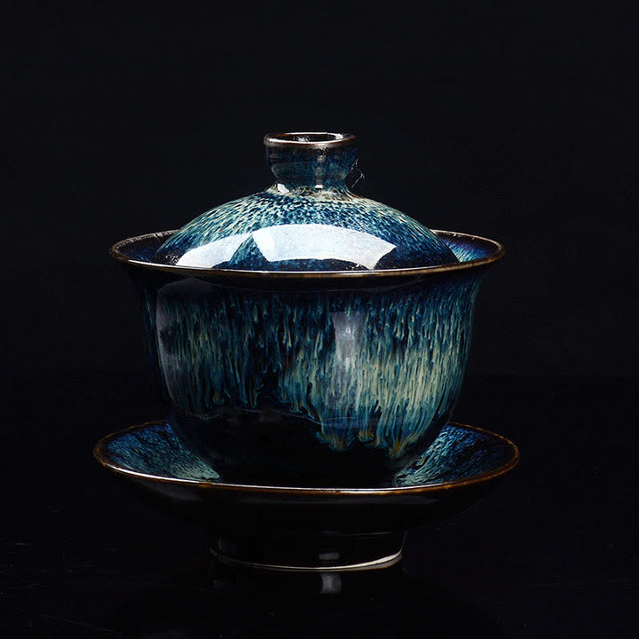 Vintage Kiln Ceramic Gaiwan Sancai Tea Cup and Saucer Set with Lid-Orizon Depot