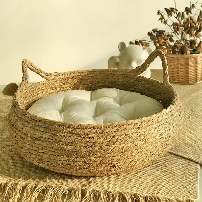 Handmade Woven Cat Bed with Removable Seasonal Cushion