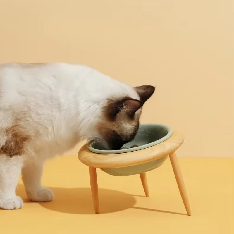 Ceramic Elevated Cat Bowl with Wooden Stand for Comfortable Feeding-Orizon Depot