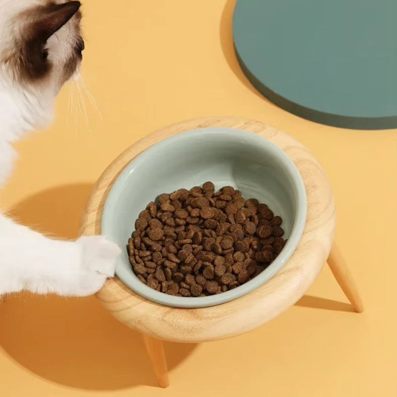 Ceramic Elevated Cat Bowl with Wooden Stand for Comfortable Feeding-Orizon Depot