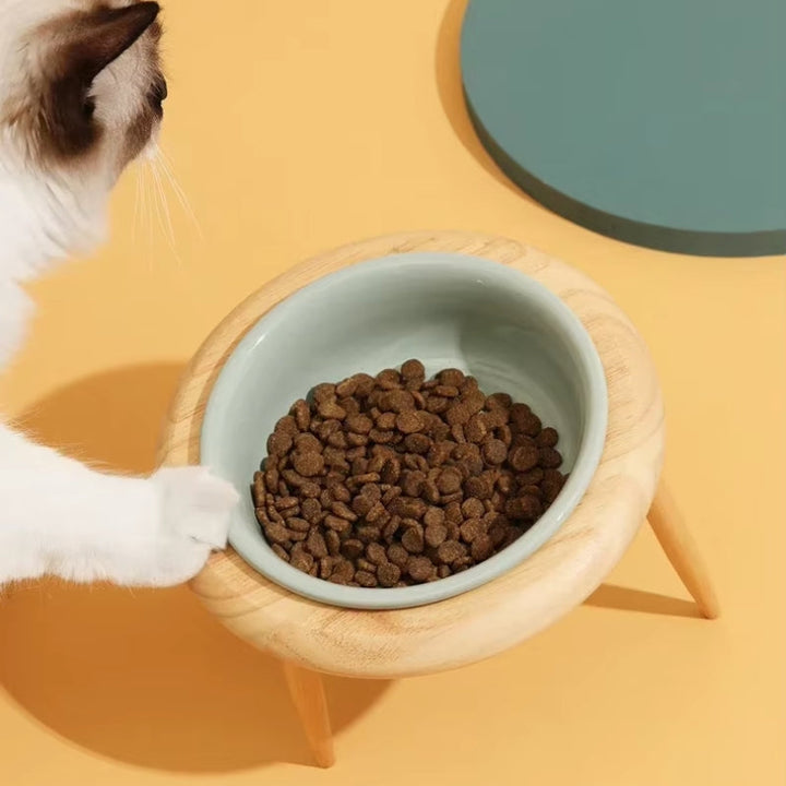 Ceramic Elevated Cat Bowl with Wooden Stand for Comfortable Feeding-Orizon Depot