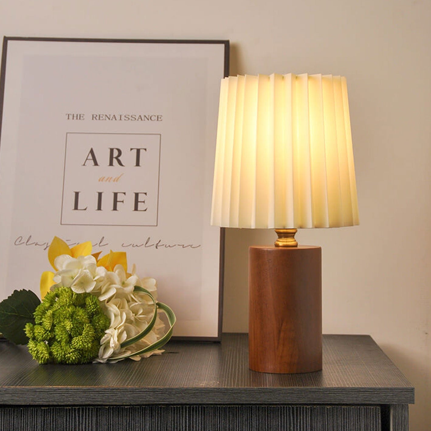 Vintage Korean Pleated Table Lamp Solid Wood Base 1-Light Column Lamp