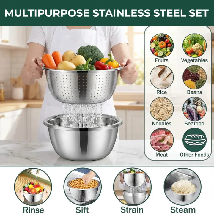 3-in-1 Batter Bowl Set with Grid and Drainage | Space-Saving Design