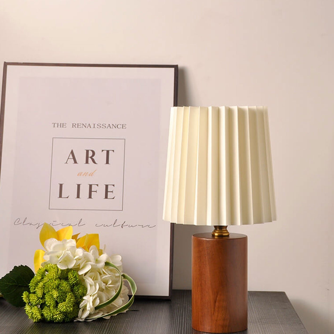 Vintage Korean Pleated Table Lamp Solid Wood Base 1-Light Column Lamp