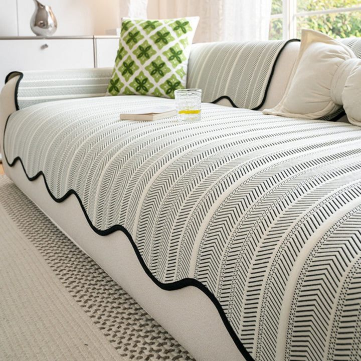 Herringbone Sofa Cover with Scalloped Edge Trim for Stylish Protection-Orizon Depot