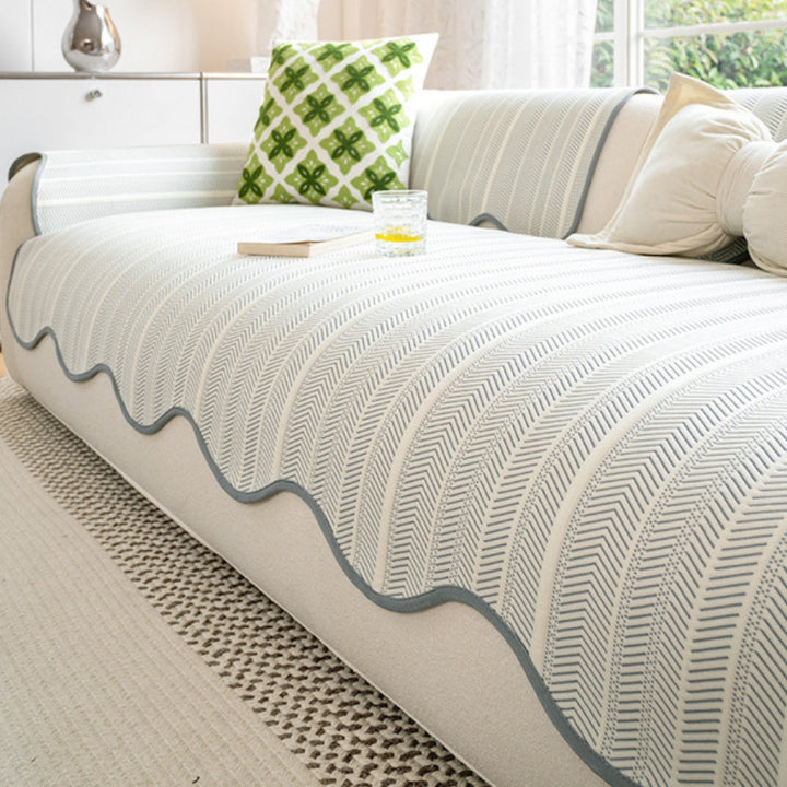 Herringbone Sofa Cover with Scalloped Edge Trim for Stylish Protection-Orizon Depot