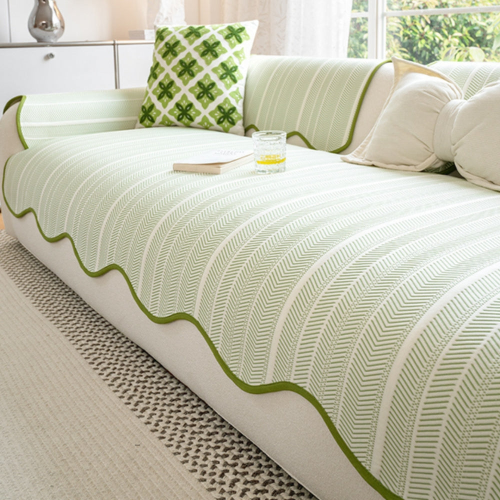 Herringbone Sofa Cover with Scalloped Edge Trim for Stylish Protection-Orizon Depot
