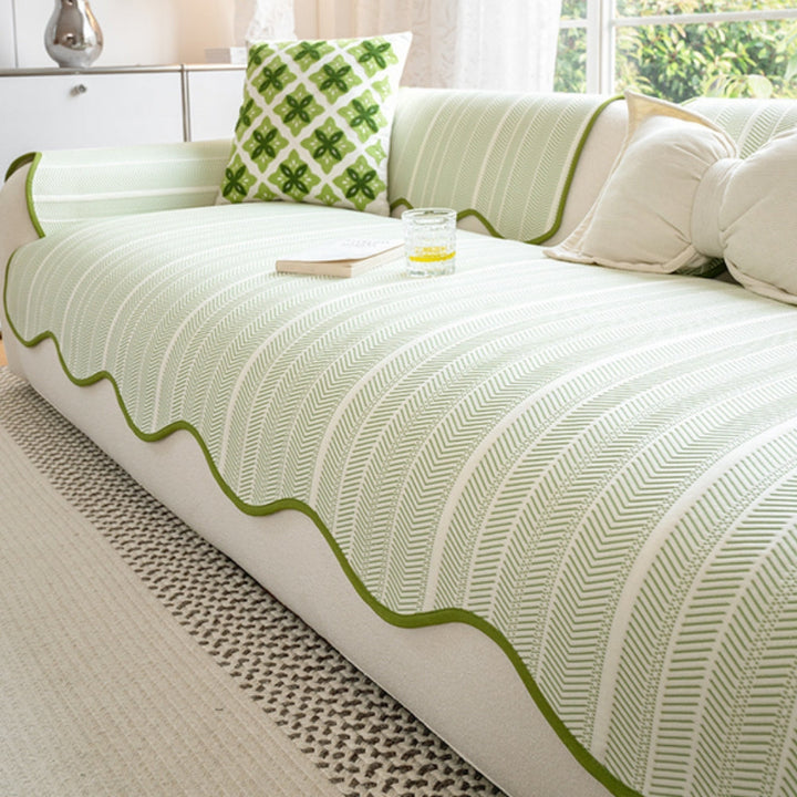 Herringbone Sofa Cover with Scalloped Edge Trim for Stylish Protection-Orizon Depot