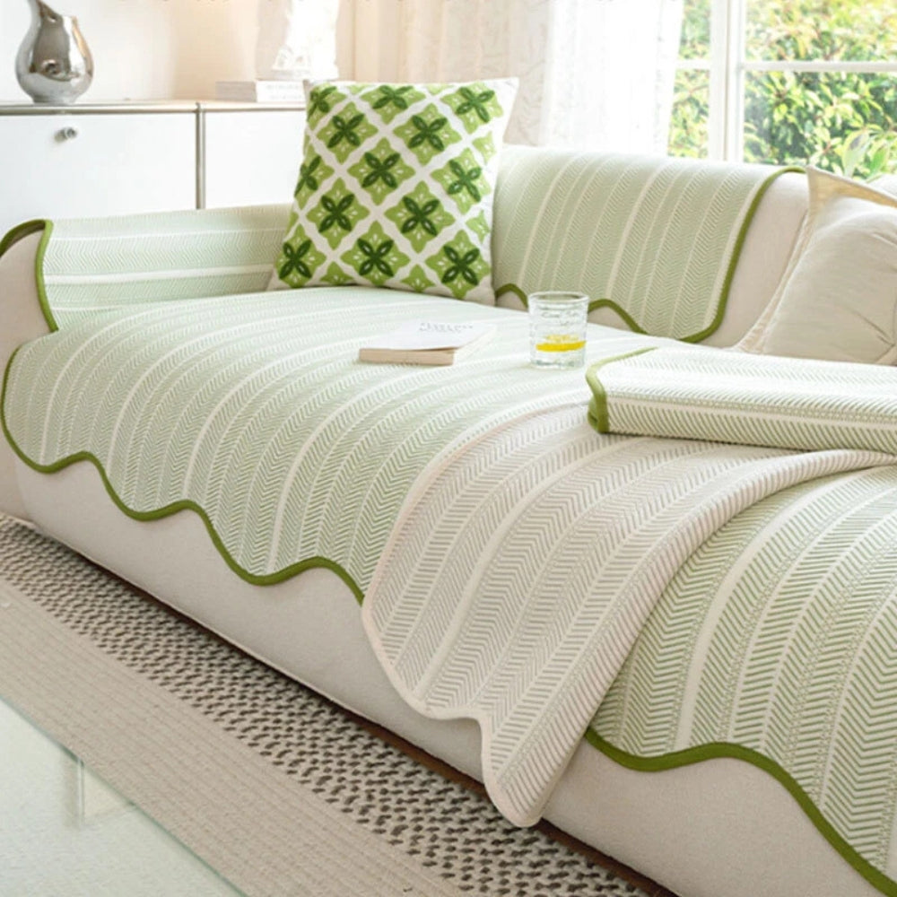 Herringbone Sofa Cover with Scalloped Edge Trim for Stylish Protection-Orizon Depot