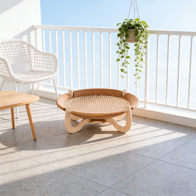 Boho Round Rattan Cat Bed with Solid Wood and Multi-Layer Design-Orizon Depot