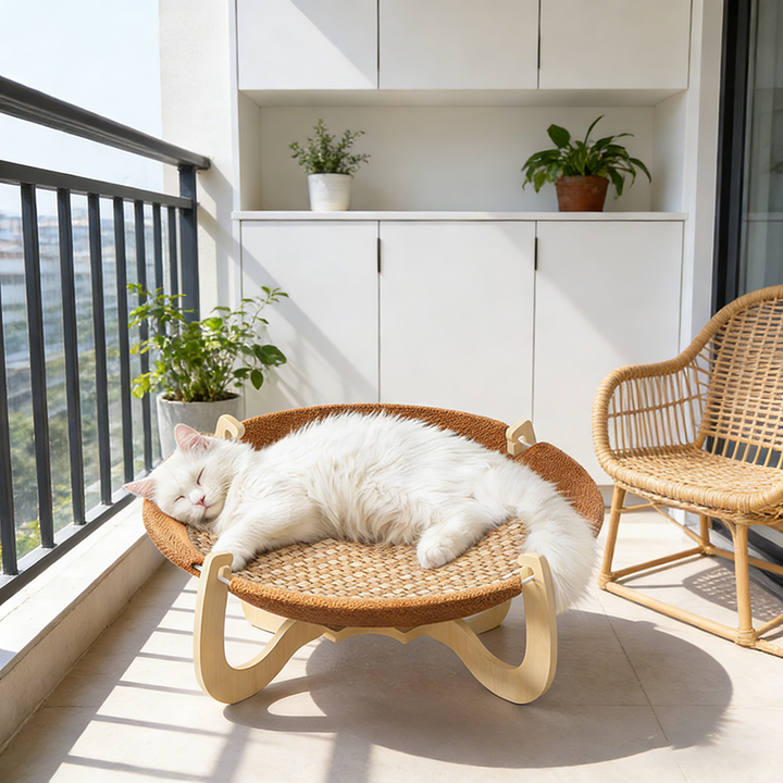 Boho Round Rattan Cat Bed with Solid Wood and Multi-Layer Design-Orizon Depot