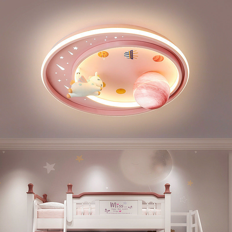Creative Modern Art Deco Kids Unicorn Planet Round Acrylic Iron LED Flush Mount Ceiling Lamp-Orizon Depot