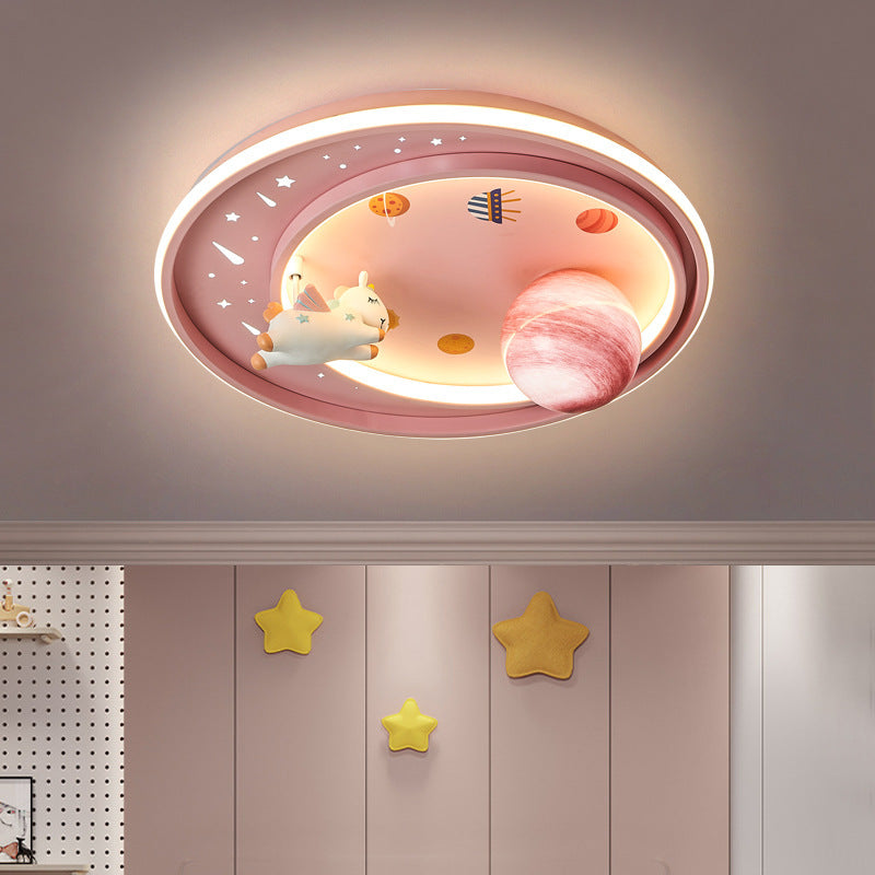 Creative Modern Art Deco Kids Unicorn Planet Round Acrylic Iron LED Flush Mount Ceiling Lamp-Orizon Depot