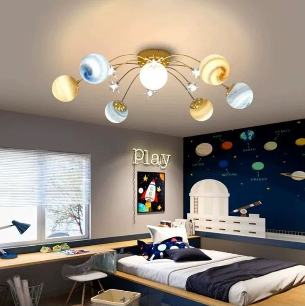 Contemporary Nordic Kids Iron Glass Ball Earth Planet 13-Light Semi-Flush Mount Ceiling Lamp-Orizon Depot