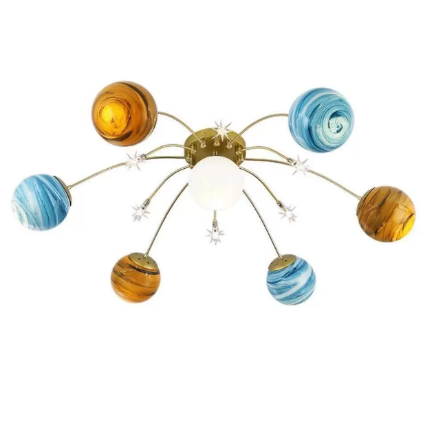 Contemporary Nordic Kids Iron Glass Ball Earth Planet 13-Light Semi-Flush Mount Ceiling Lamp-Orizon Depot