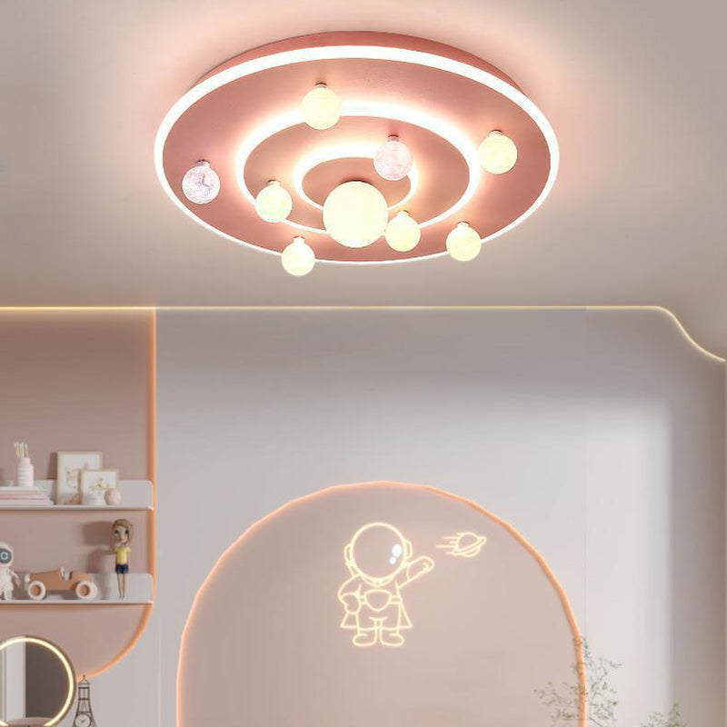 Modern Contemporary Creative Kids Round Space Planet Iron LED Flush Mount Ceiling Lamp-Orizon Depot