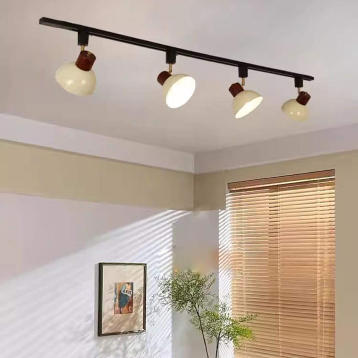 Contemporary Nordic Iron Wood Bowl Round Adjustable Multi-Light Track Ceiling Light For Dining Room