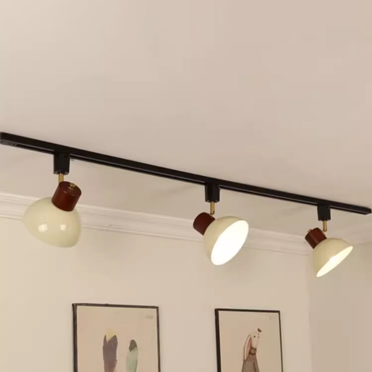 Contemporary Nordic Iron Wood Bowl Round Adjustable Multi-Light Track Ceiling Light For Dining Room