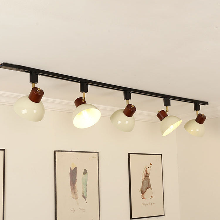 Contemporary Nordic Iron Wood Bowl Round Adjustable Multi-Light Track Ceiling Light For Dining Room