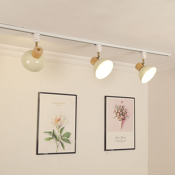 Contemporary Nordic Iron Wood Bowl Round Adjustable Multi-Light Track Ceiling Light For Dining Room