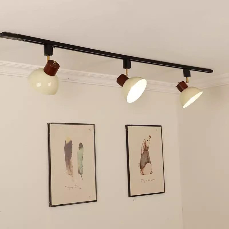 Contemporary Nordic Iron Wood Bowl Round Adjustable Multi-Light Track Ceiling Light For Dining Room