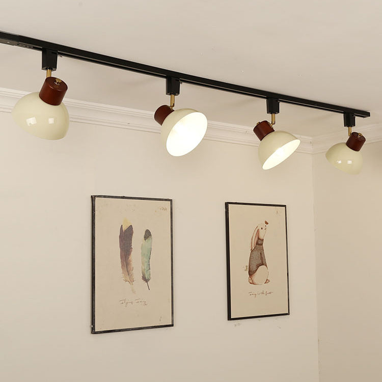Contemporary Nordic Iron Wood Bowl Round Adjustable Multi-Light Track Ceiling Light For Dining Room