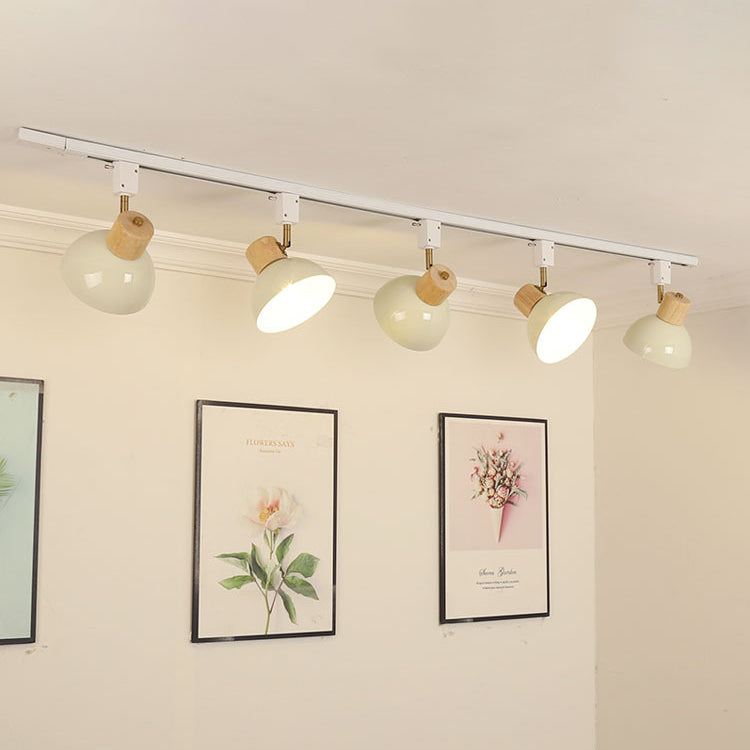 Contemporary Nordic Iron Wood Bowl Round Adjustable Multi-Light Track Ceiling Light For Dining Room