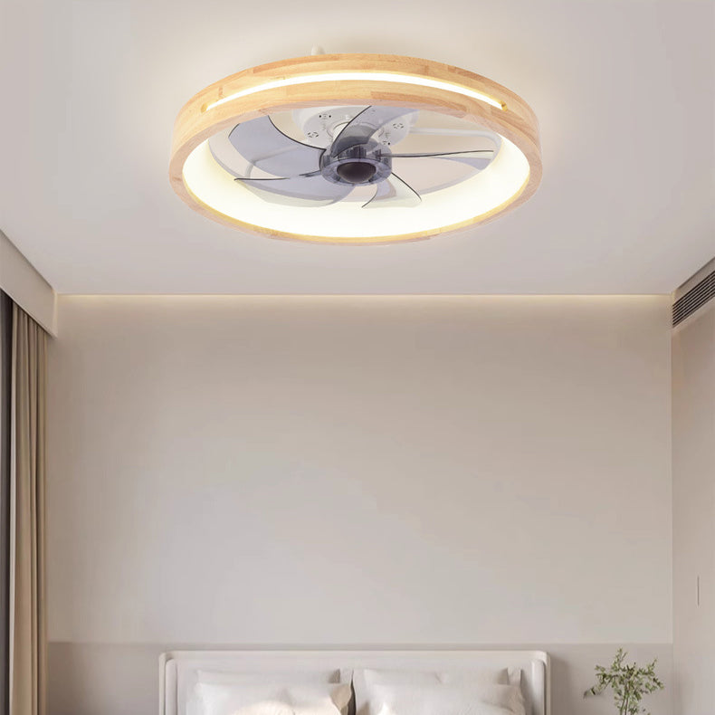 Traditional Japanese Wooded Iron Acrylic ABS Round Hollowed LED Flush Mount Ceiling Fan Light For Bedroom