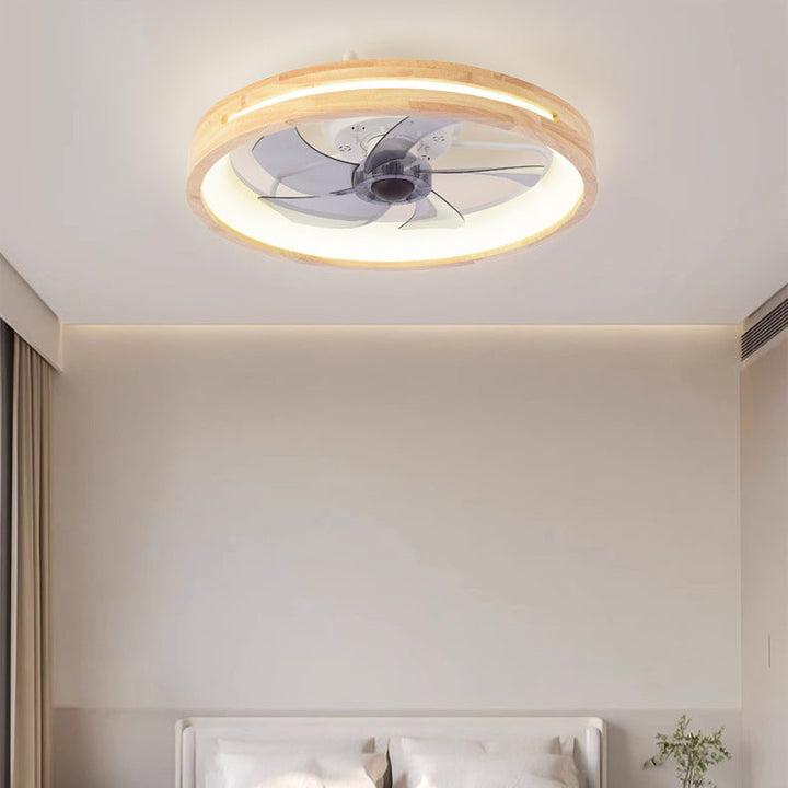 Traditional Japanese Wooded Iron Acrylic ABS Round Hollowed LED Flush Mount Ceiling Fan Light For Bedroom-Orizon Depot
