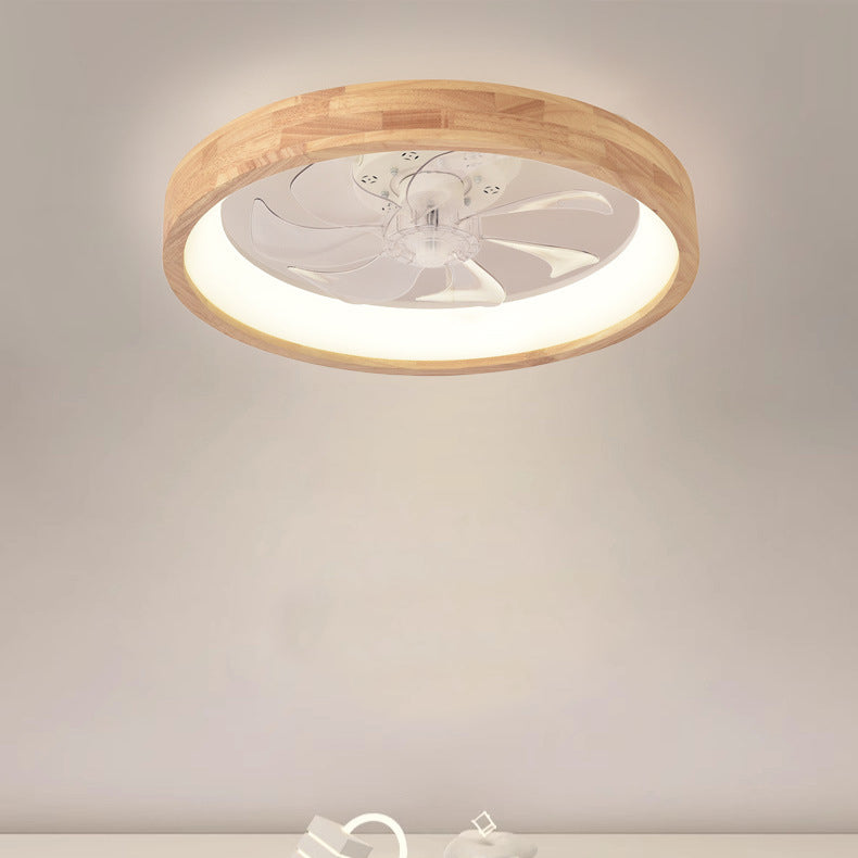 Traditional Japanese Wooded Iron Acrylic ABS Round Hollowed LED Flush Mount Ceiling Fan Light For Bedroom