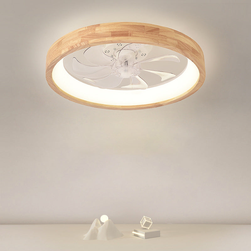Traditional Japanese Wooded Iron Acrylic ABS Round Hollowed LED Flush Mount Ceiling Fan Light For Bedroom