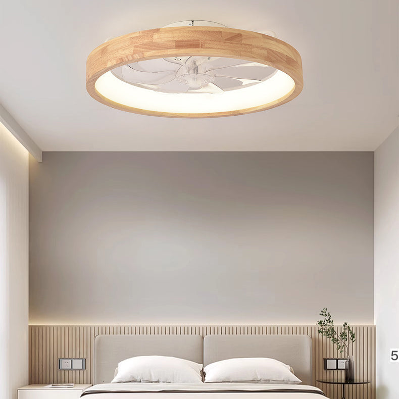 Traditional Japanese Wooded Iron Acrylic ABS Round Hollowed LED Flush Mount Ceiling Fan Light For Bedroom
