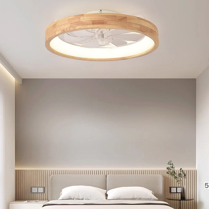 Traditional Japanese Wooded Iron Acrylic ABS Round Hollowed LED Flush Mount Ceiling Fan Light For Bedroom-Orizon Depot