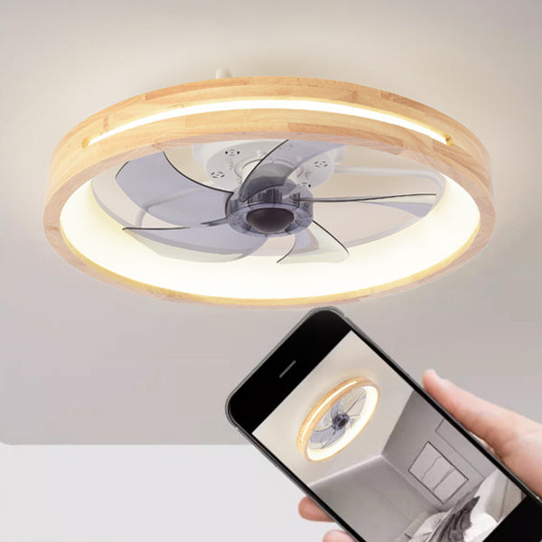 Traditional Japanese Wooded Iron Acrylic ABS Round Hollowed LED Flush Mount Ceiling Fan Light For Bedroom-Orizon Depot