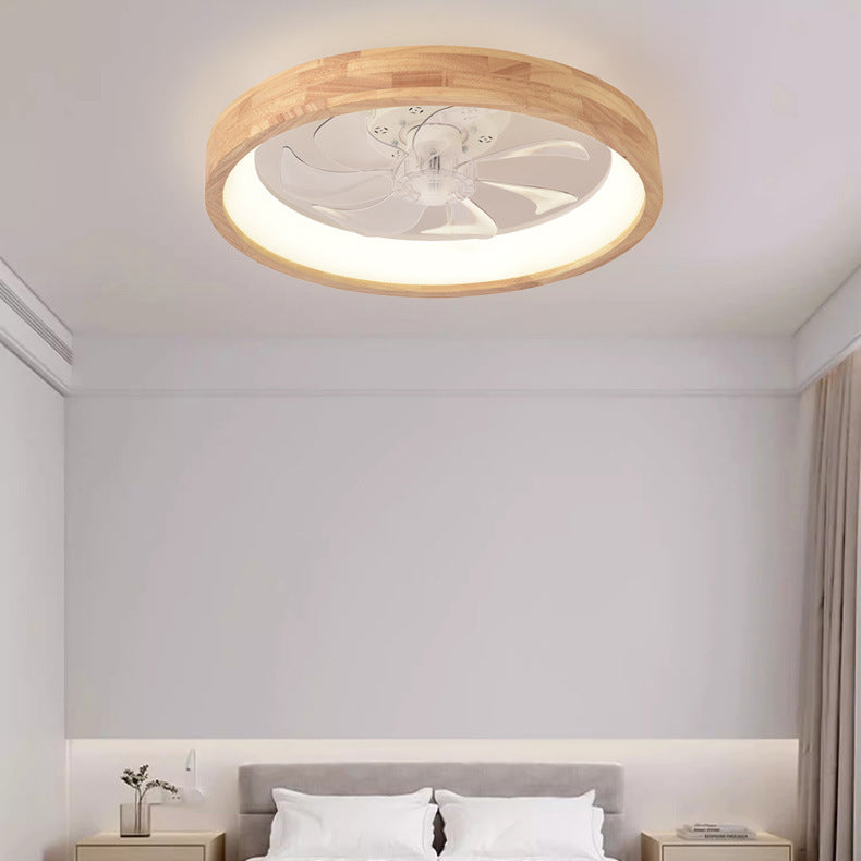 Traditional Japanese Wooded Iron Acrylic ABS Round Hollowed LED Flush Mount Ceiling Fan Light For Bedroom