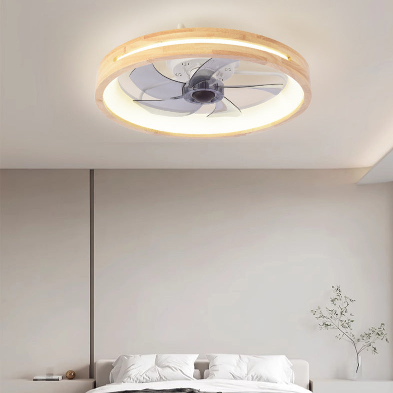 Traditional Japanese Wooded Iron Acrylic ABS Round Hollowed LED Flush Mount Ceiling Fan Light For Bedroom