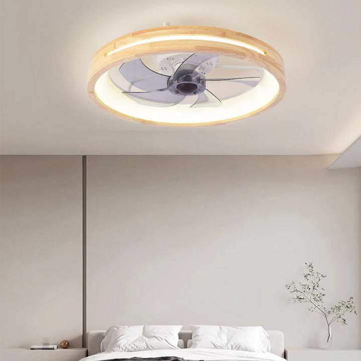Traditional Japanese Wooded Iron Acrylic ABS Round Hollowed LED Flush Mount Ceiling Fan Light For Bedroom-Orizon Depot