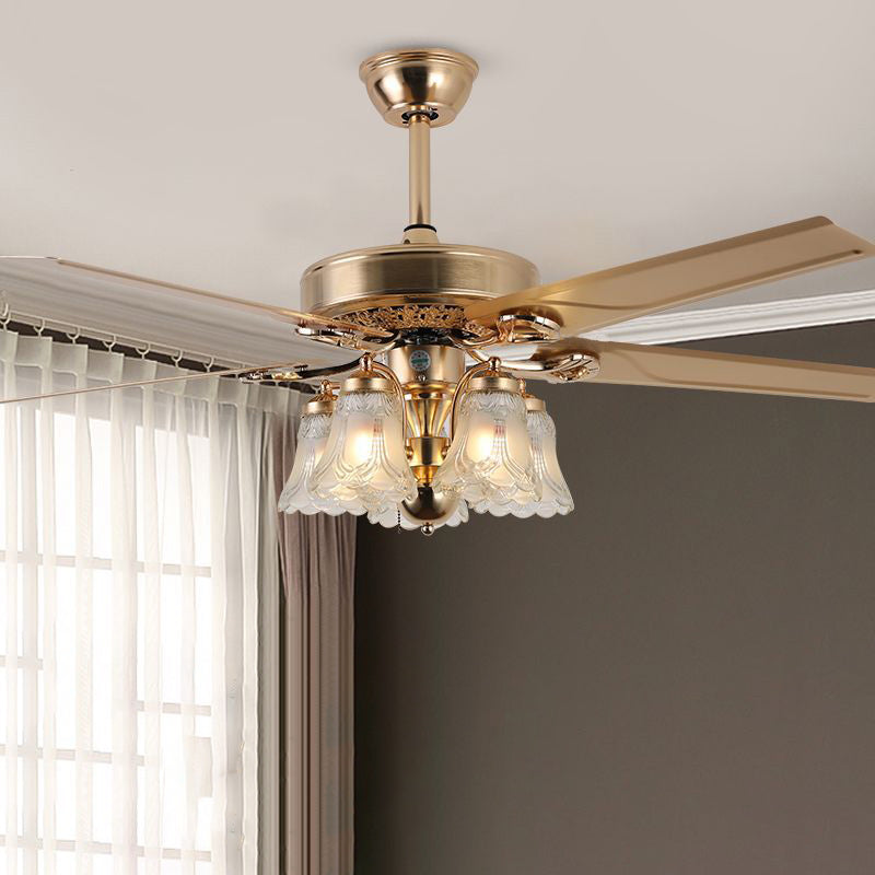 Traditional European Bell Floral Iron Wood PVC Glass Multi Light Downrod Ceiling Fan Light