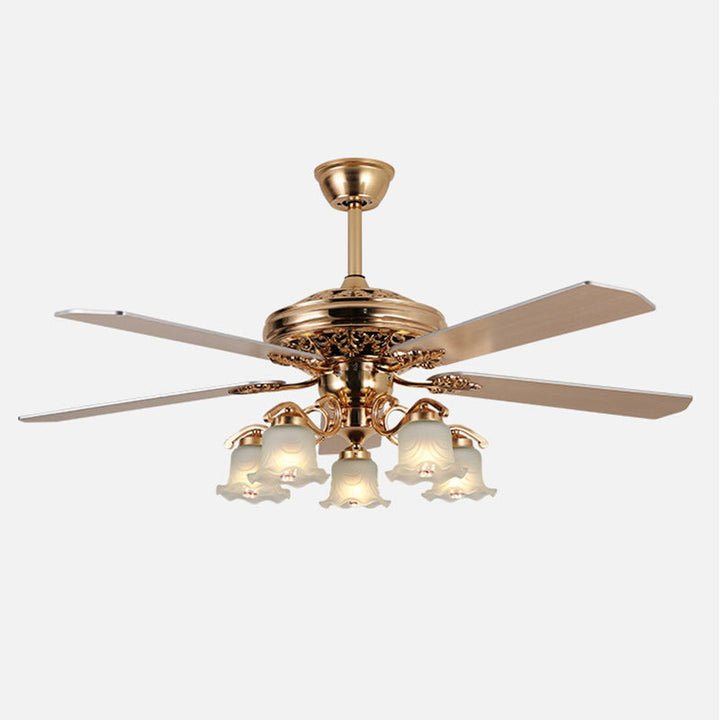 Traditional European Bell Floral Iron Wood PVC Glass Multi Light Downrod Ceiling Fan Light-Orizon Depot