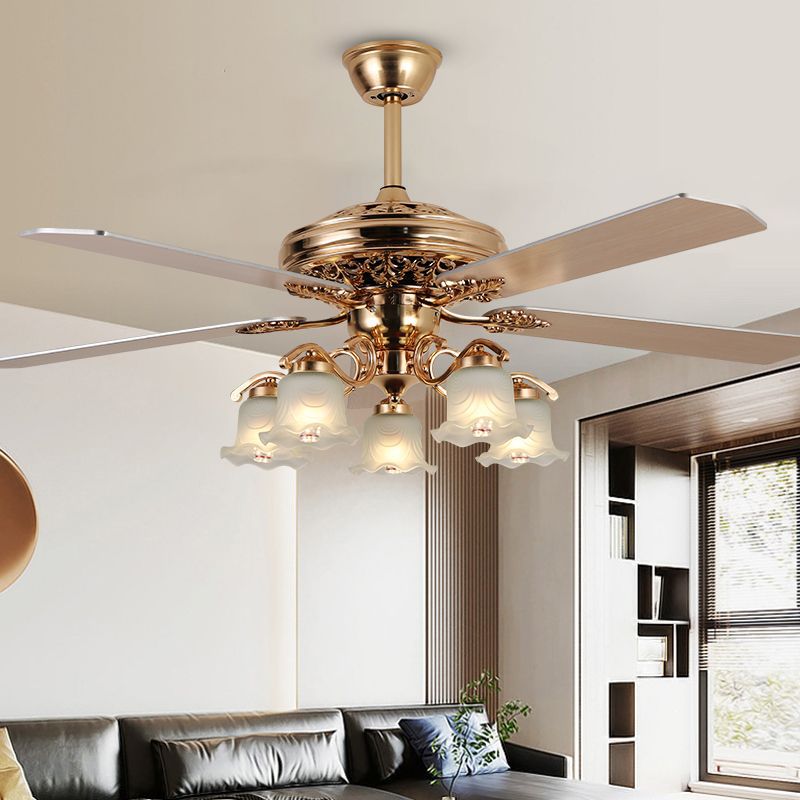Traditional European Bell Floral Iron Wood PVC Glass Multi Light Downrod Ceiling Fan Light