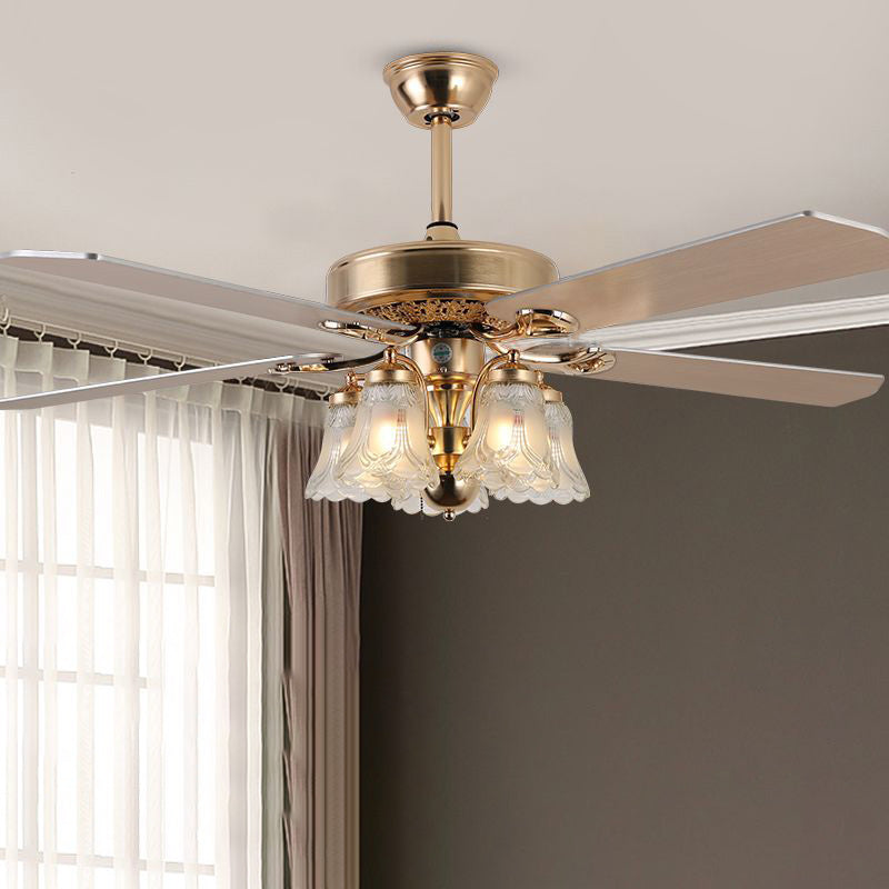 Traditional European Bell Floral Iron Wood PVC Glass Multi Light Downrod Ceiling Fan Light