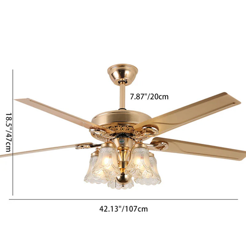 Traditional European Bell Floral Iron Wood PVC Glass Multi Light Downrod Ceiling Fan Light