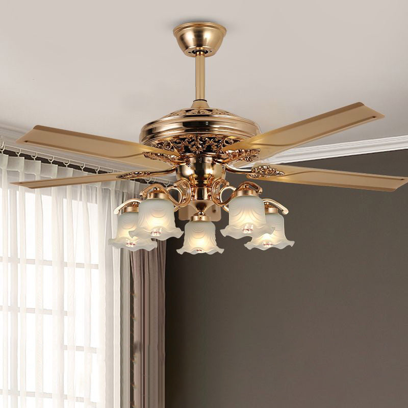 Traditional European Bell Floral Iron Wood PVC Glass Multi Light Downrod Ceiling Fan Light