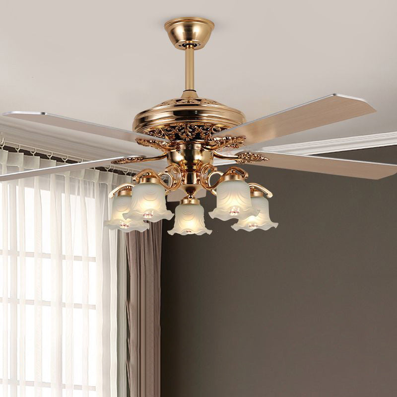Traditional European Bell Floral Iron Wood PVC Glass Multi Light Downrod Ceiling Fan Light