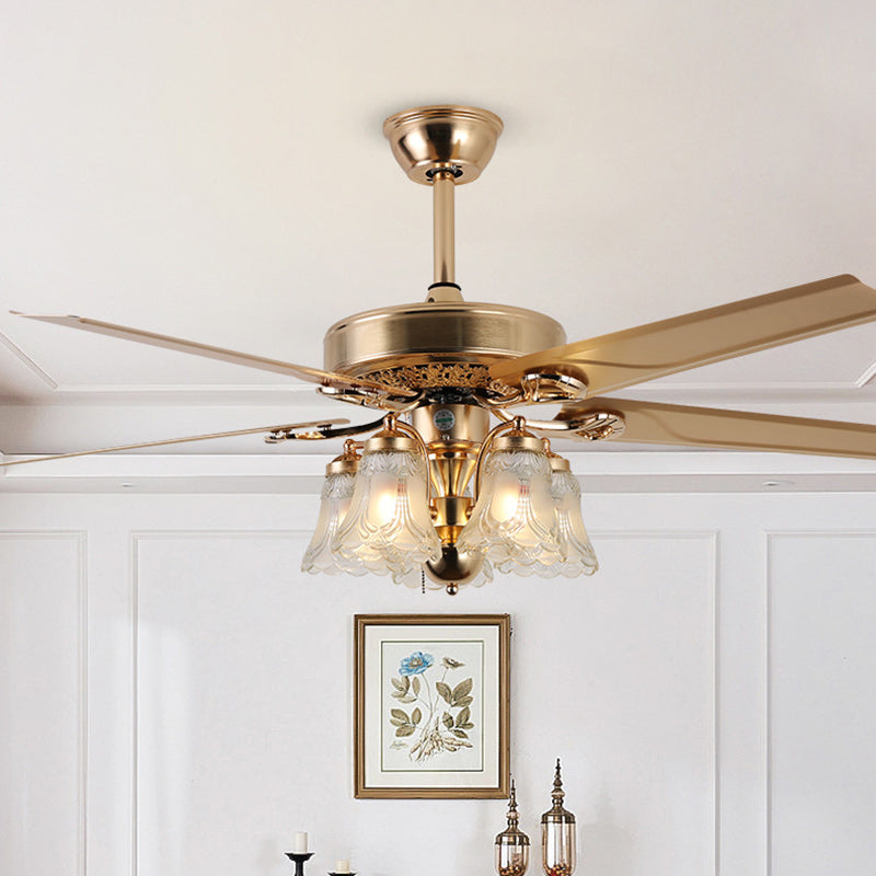 Traditional European Bell Floral Iron Wood PVC Glass Multi Light Downrod Ceiling Fan Light-Orizon Depot