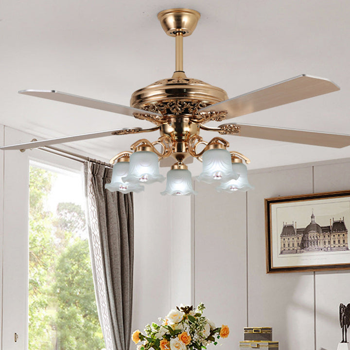Traditional European Bell Floral Iron Wood PVC Glass Multi Light Downrod Ceiling Fan Light-Orizon Depot